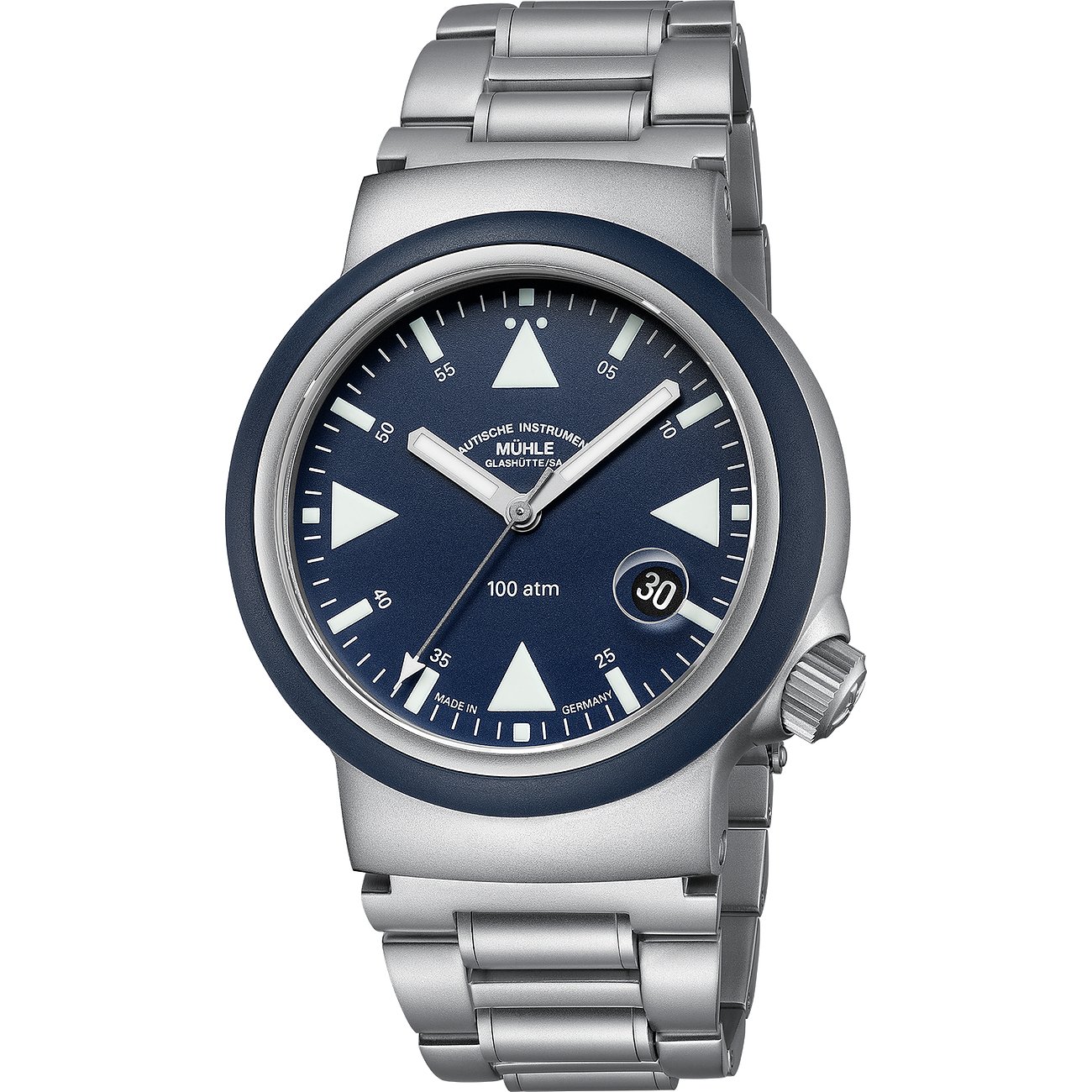 Mühle-Glashütte Herrenuhr Edelstahl, blaues Zifferblatt, analog.