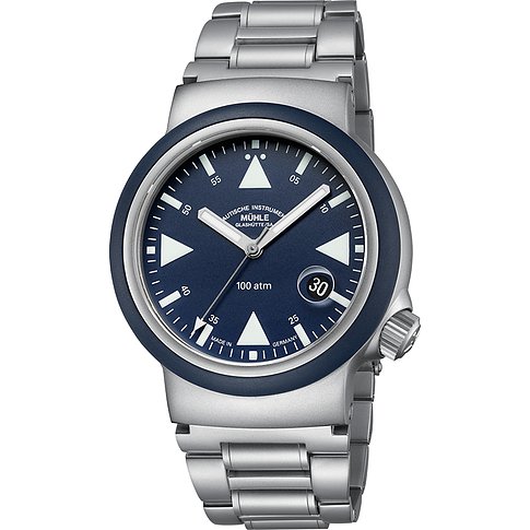 Mühle-Glashütte Herrenuhr Edelstahl, blaues Zifferblatt, analog.