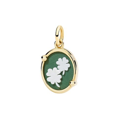 DoDo Anhänger aus 375 Graugold mit zwei weißen Kleeblättern auf grünem Grund.