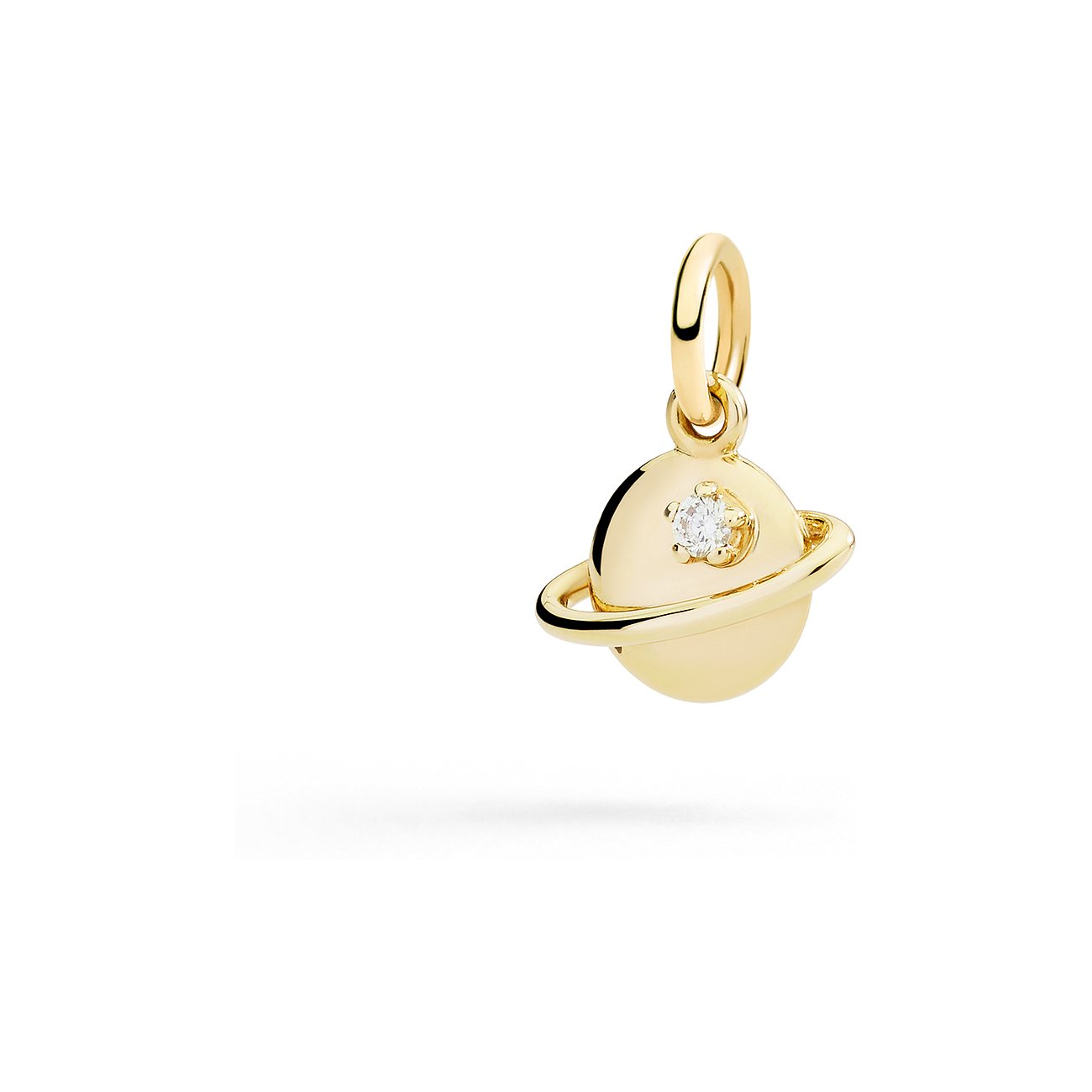 DoDo geelgouden hanger, vormgegeven als een planeet met een fijne diamant en een ring eromheen.