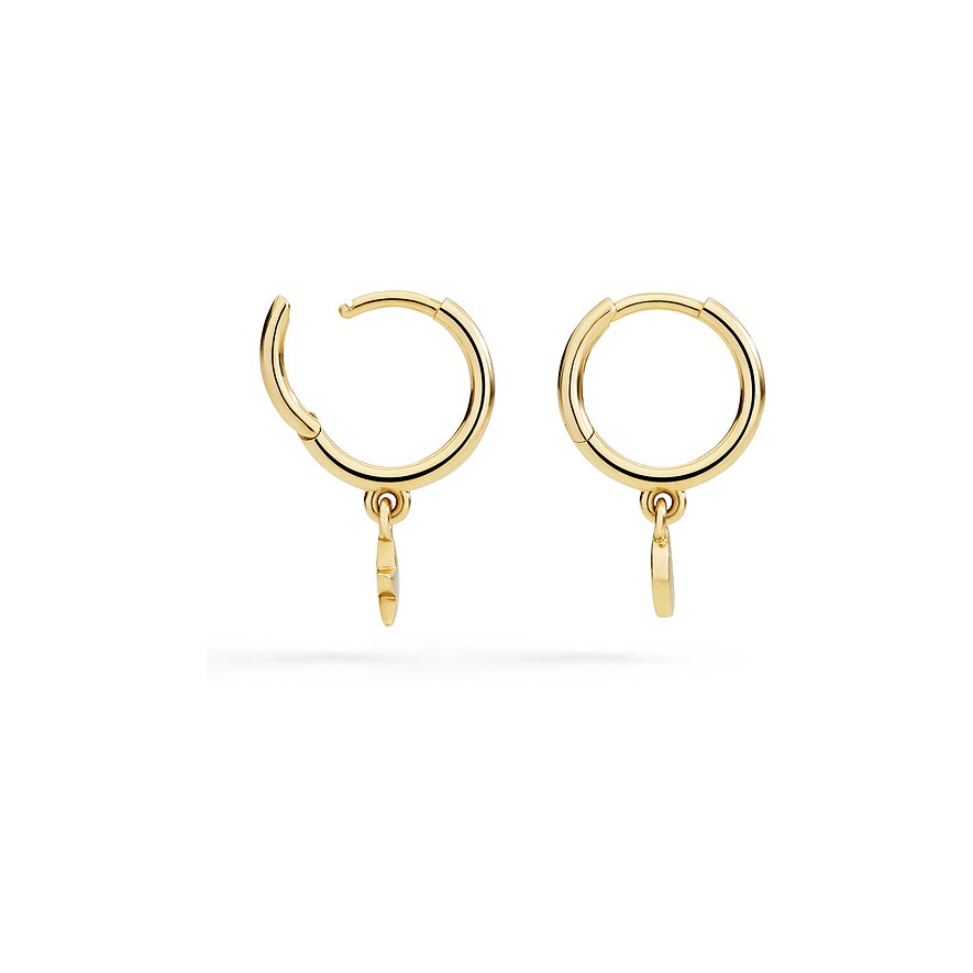 Een paar gouden Dodo oorringen met hangers zijn afgebeeld. De linkeroorring is open, de rechter is gesloten.