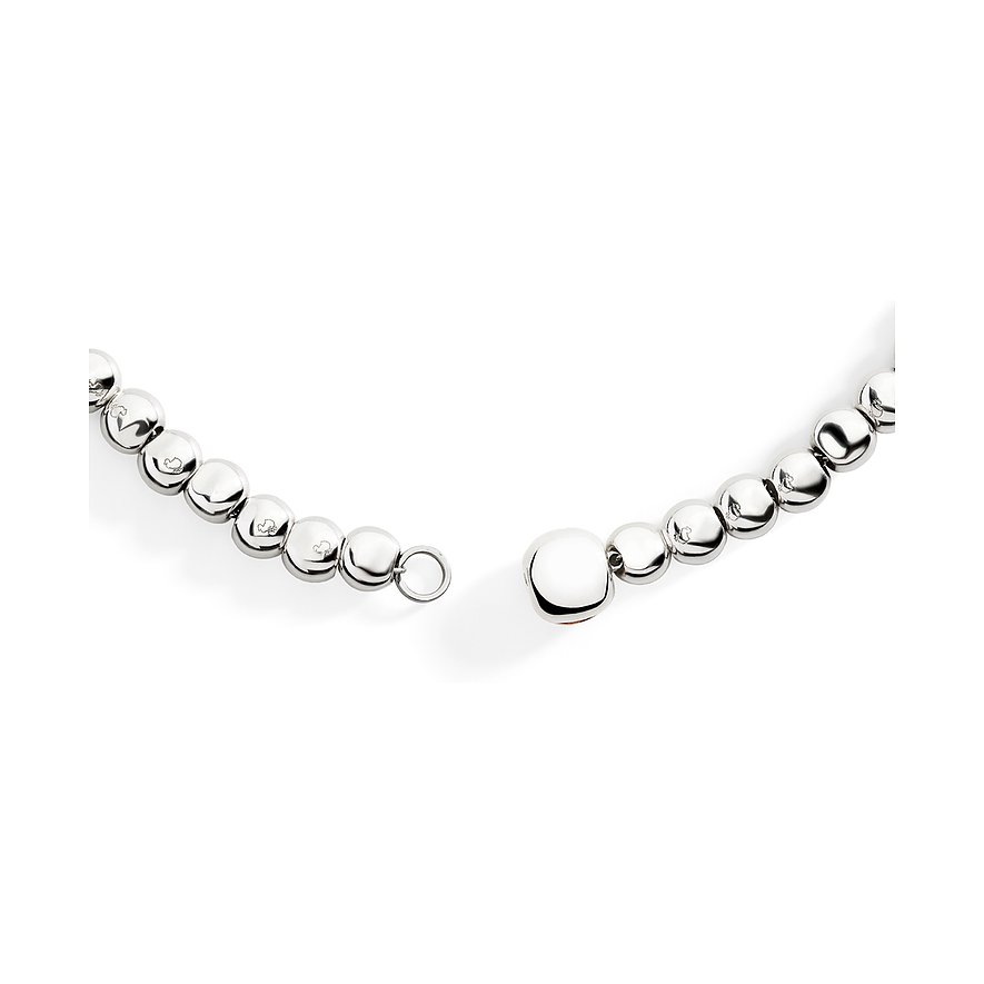 DoDo Halsschmuck aus Silber und Roségold mit aufgefädelten Halbkugeln, die offene Halskette liegt getrennt auf weißem Grund.