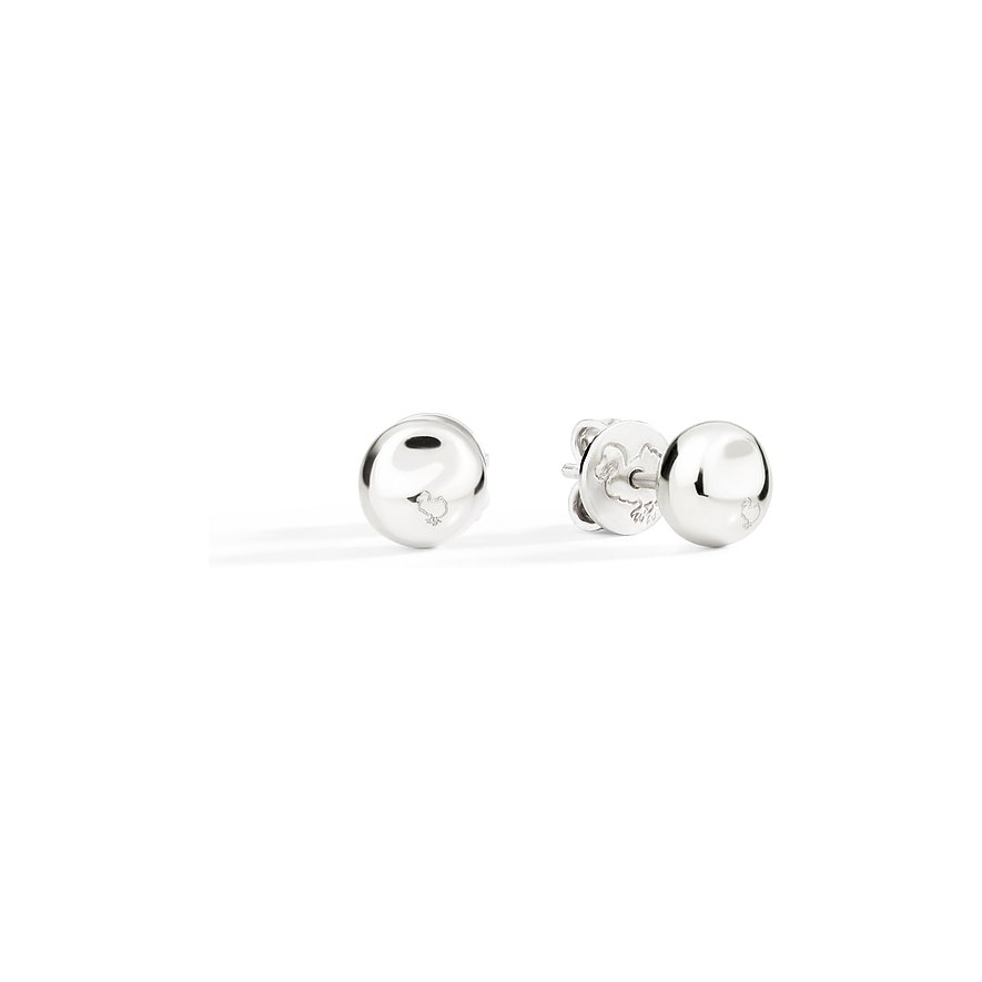 DoDo oorbellen van 925 zilver, twee glimmende, ronde oorstekers, elk met gegraveerd Dodo-vogel logo.