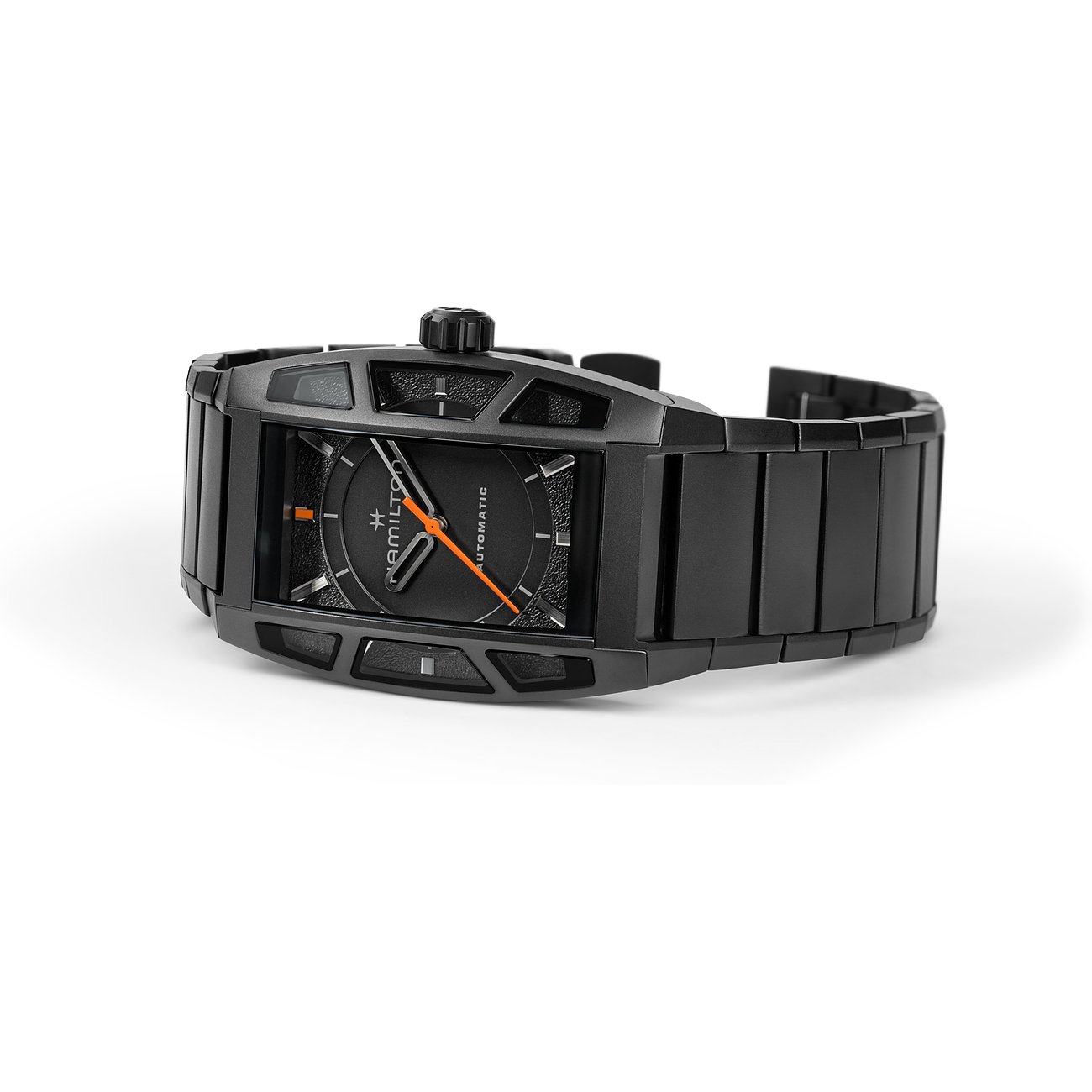 Nahaufnahme einer Hamilton Uhr aus Titan aus der Vogelperspektive mit schwarzem Zifferblatt und schwarzem Armband.