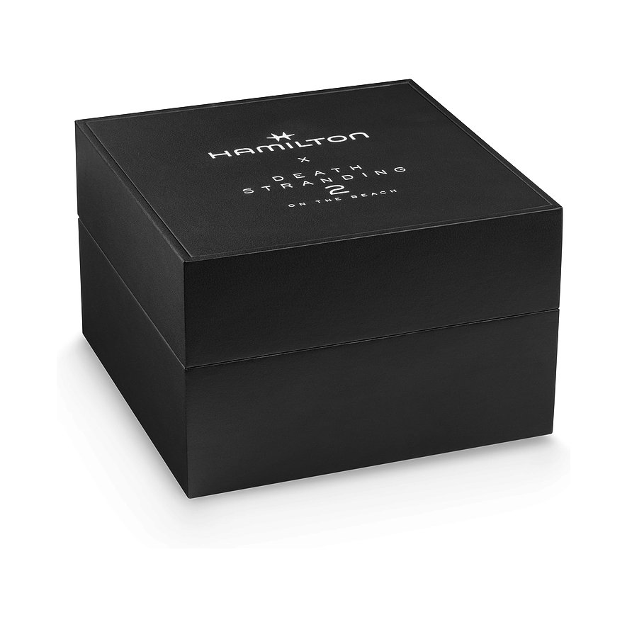 Schwarze Uhrenbox der Marke Hamilton mit weißer Aufschrift 