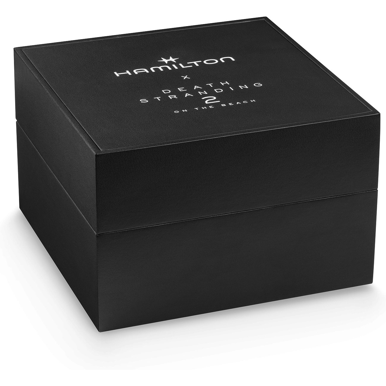 Schwarze Uhrenbox der Marke Hamilton mit weißer Aufschrift 
