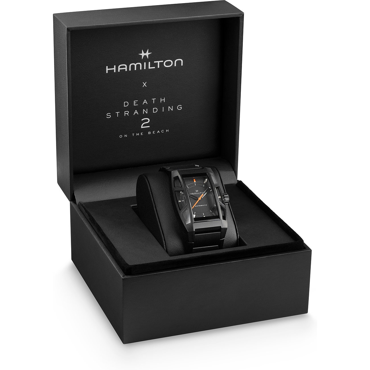 Eine Hamilton Unisexuhr aus Titan in einer schwarzen Verpackung mit „Hamilton X Death Stranding 2“ Aufdruck.