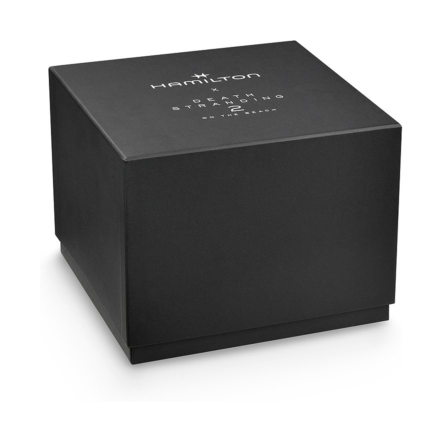 Schwarze Uhrenbox von Hamilton mit weißer Death Stranding 2-Aufschrift auf dem Deckel.