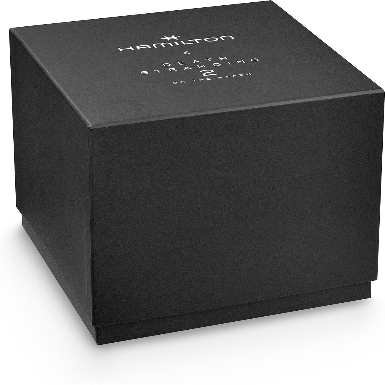 Schwarze Uhrenbox von Hamilton mit weißer Death Stranding 2-Aufschrift auf dem Deckel.
