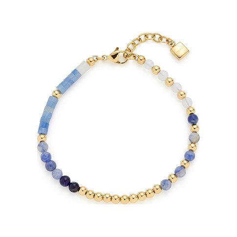 Bracelet Leonardo en acier inoxydable avec pierres bleues et blanches et perles dorées.
