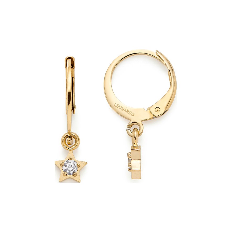 Leonardo Ohrringe aus Edelstahl mit Stern-Anhänger und weißen Steinen.