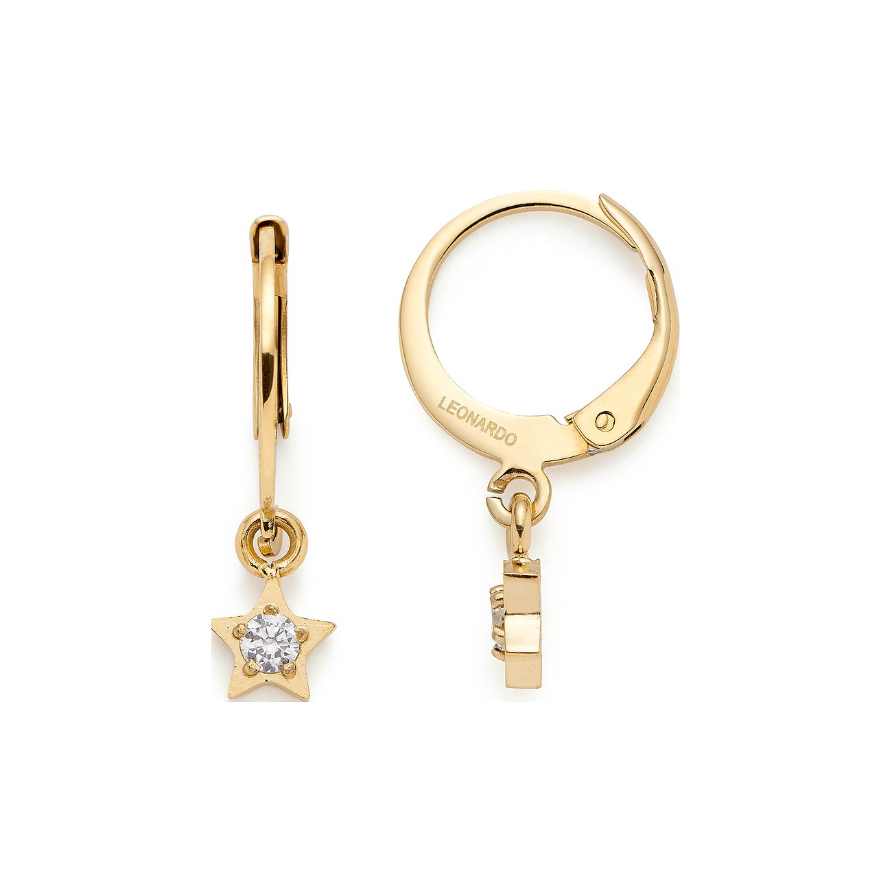 Leonardo Ohrringe aus Edelstahl mit Stern-Anhänger und weißen Steinen.