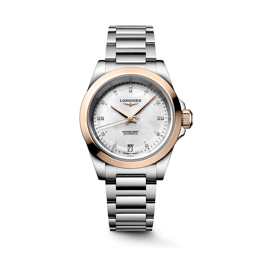 Nahaufnahme einer Longines Damenuhr „Conquest Automatic“ aus Edelstahl und Roségold mit Diamanten auf Perlmuttzifferblatt.