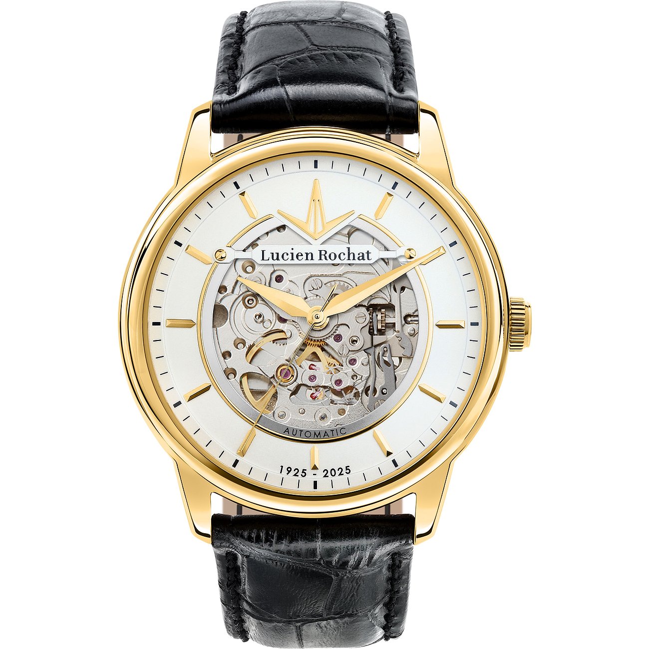 Lucien Rochat Herrenuhr aus goldfarbenem Edelstahl mit schwarzem Lederarmband und offenem Uhrwerk auf weißem Zifferblatt.