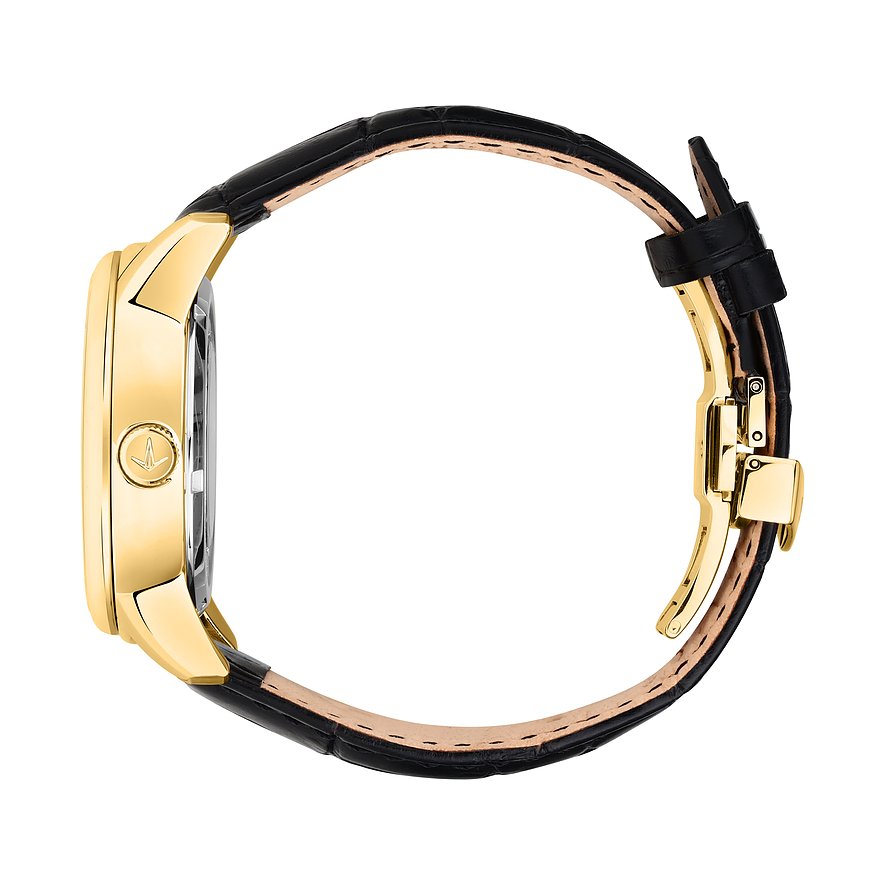 Seitenansicht der Lucien Rochat Herrenuhr aus goldfarbenem Edelstahl mit schwarzem Lederarmband und Schmetterlingsverschluss.