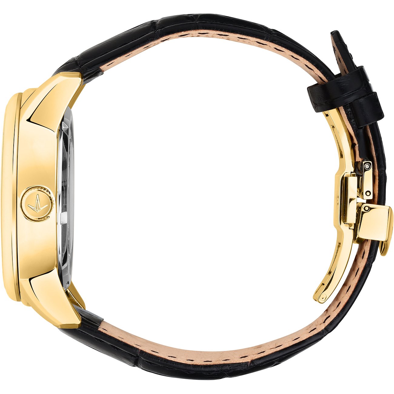 Seitenansicht der Lucien Rochat Herrenuhr aus goldfarbenem Edelstahl mit schwarzem Lederarmband und Schmetterlingsverschluss.