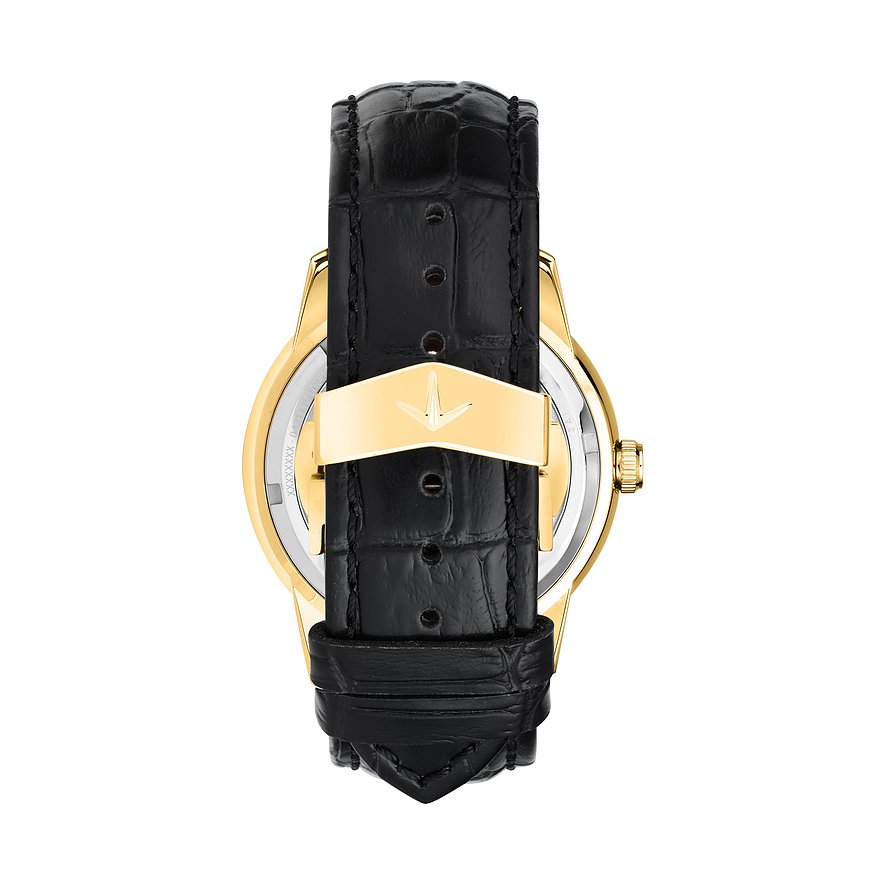 Rückansicht der Lucien Rochat Herrenuhr aus Edelstahl mit goldenem Gehäuse und schwarzem Lederarmband.