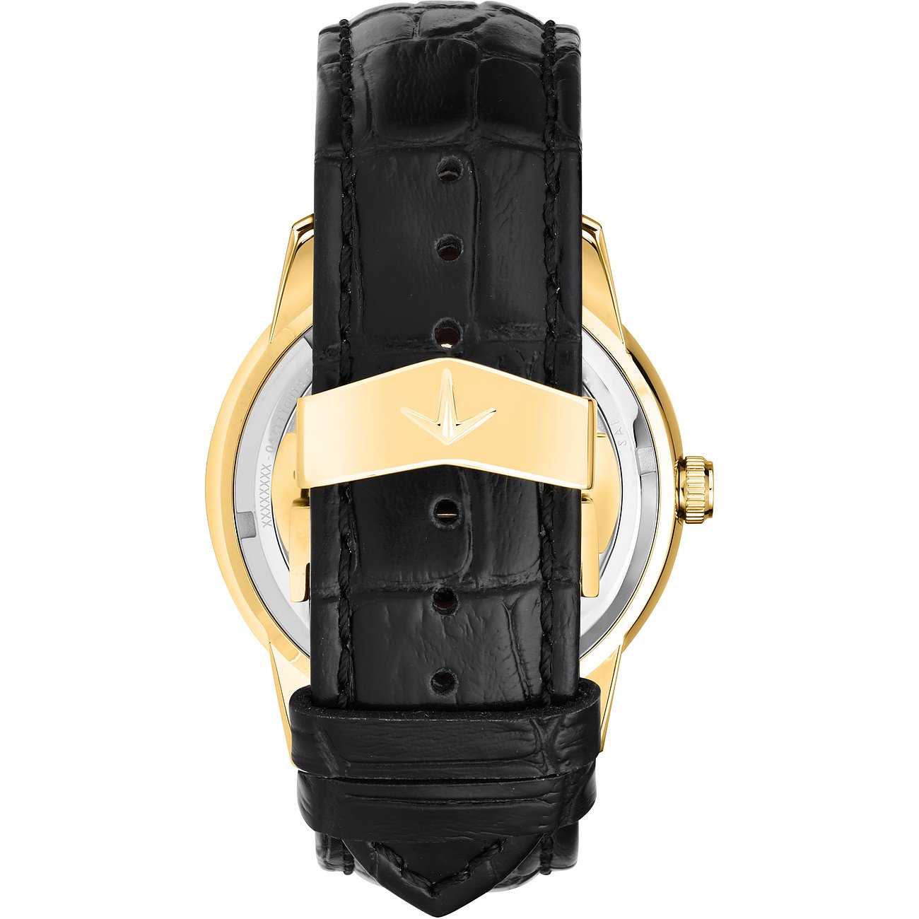 Rückansicht der Lucien Rochat Herrenuhr aus Edelstahl mit goldenem Gehäuse und schwarzem Lederarmband.