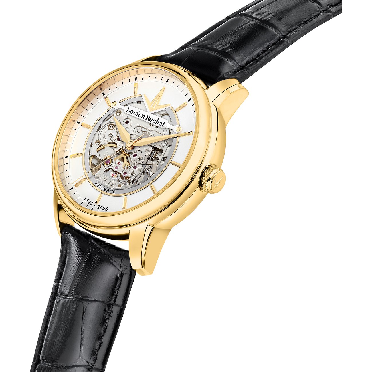 Goldfarbene Lucien Rochat Herrenuhr aus Edelstahl mit Skelettzifferblatt und schwarzem Lederarmband, schräg von oben.