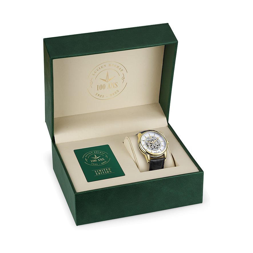 Eine Lucien Rochat Herrenuhr aus goldfarbenem Edelstahl mit schwarzem Lederarmband in einer offenen, dunkelgrünen Box.