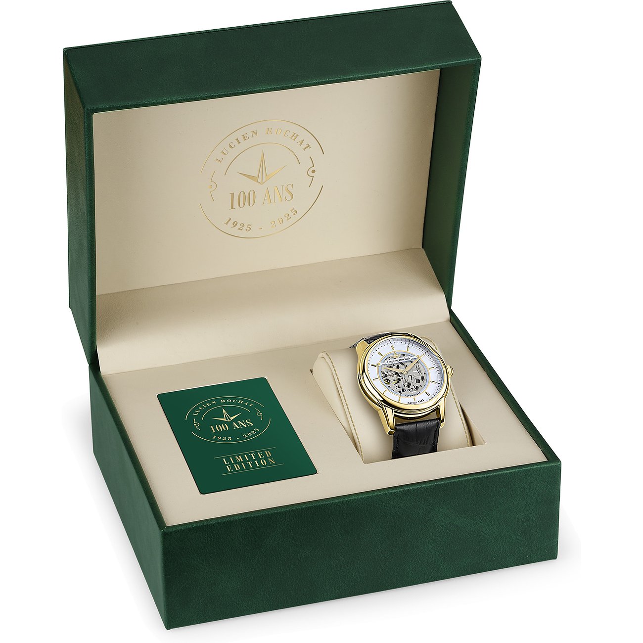 Eine Lucien Rochat Herrenuhr aus goldfarbenem Edelstahl mit schwarzem Lederarmband in einer offenen, dunkelgrünen Box.