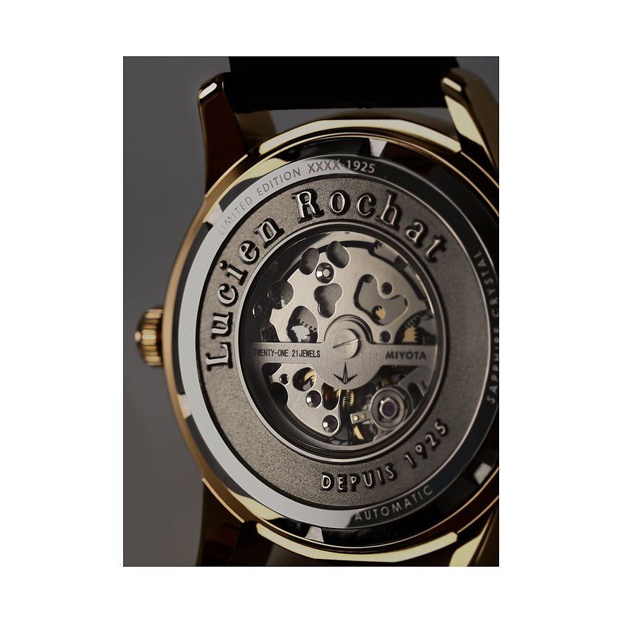 Rückansicht der Lucien Rochat Herrenuhr aus goldfarbenem Edelstahl mit freiliegendem Automatikwerk.