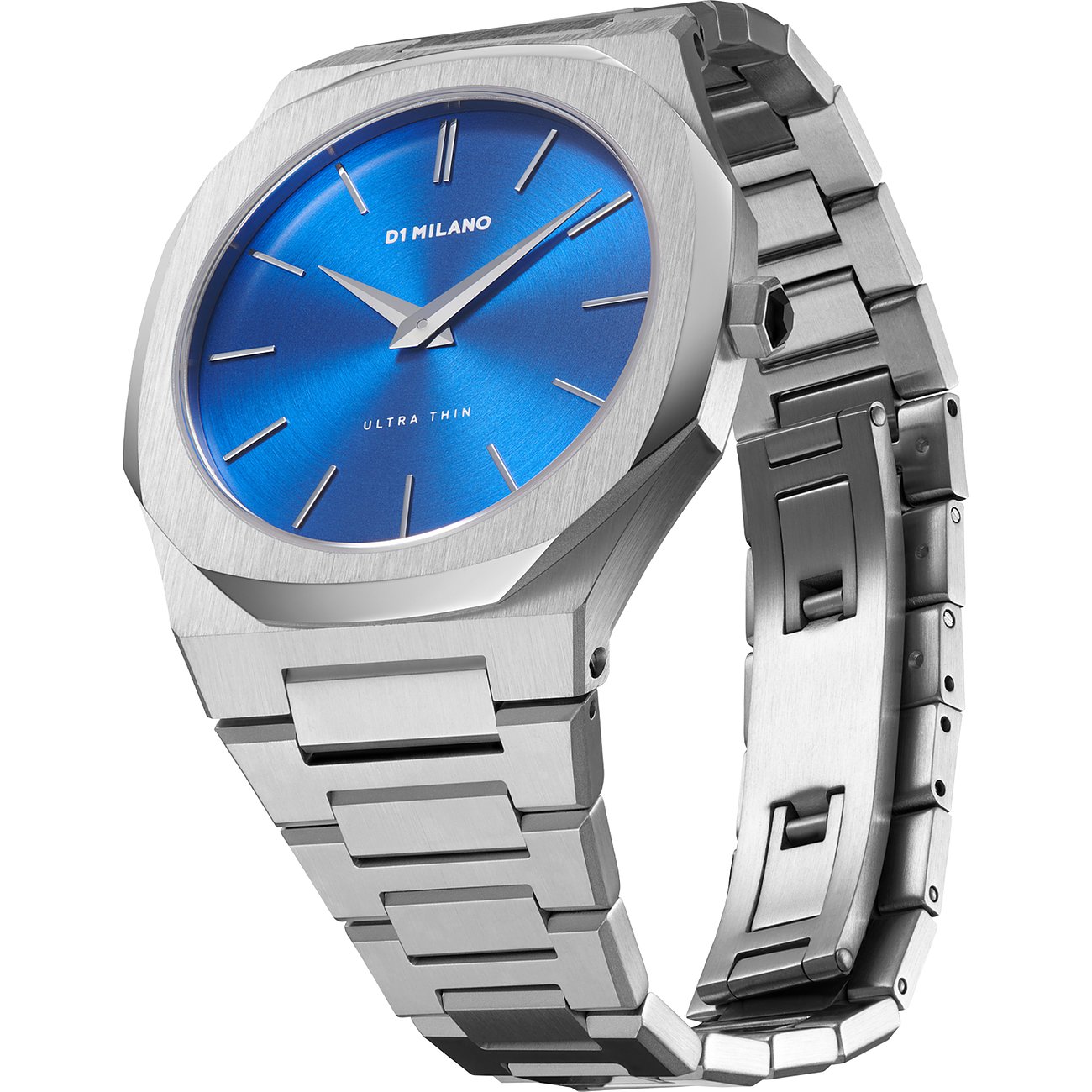 Orologio da uomo D1 Milano con cassa in acciaio inossidabile, quadrante blu e cinturino argentato.