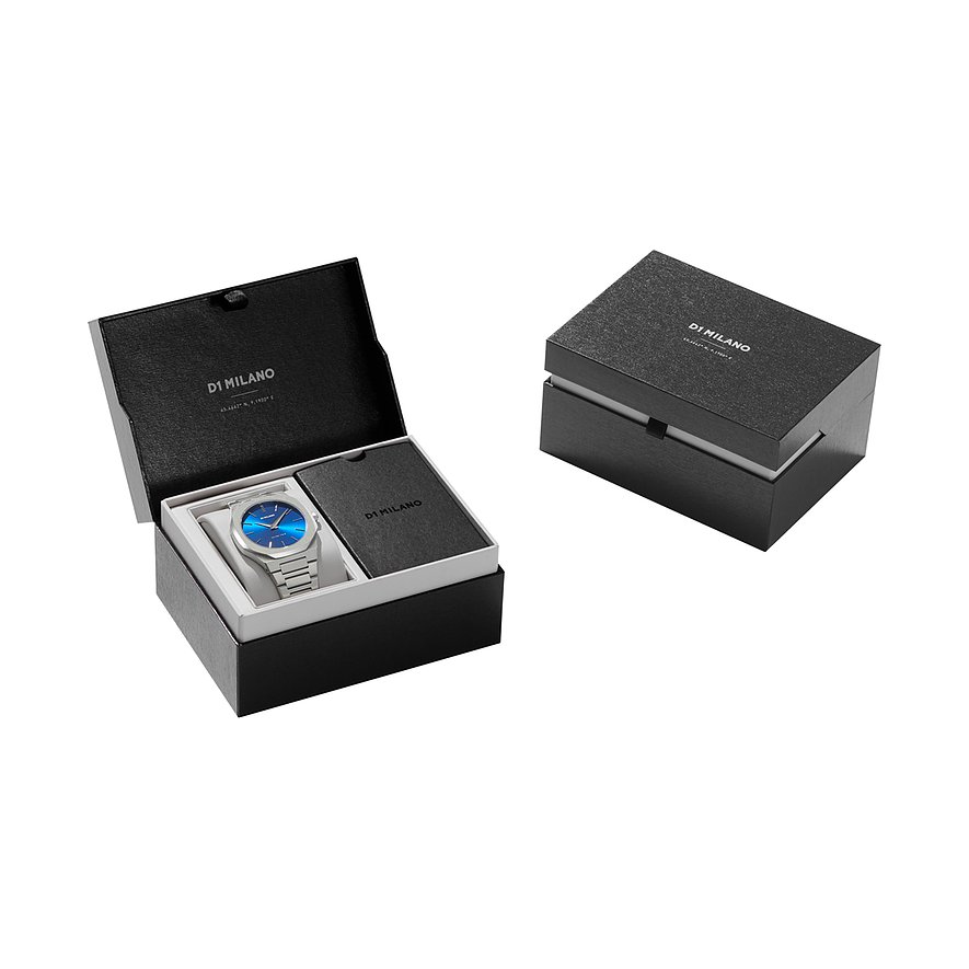 Orologio da uomo D1 Milano in acciaio inossidabile con quadrante blu e cassa color argento.