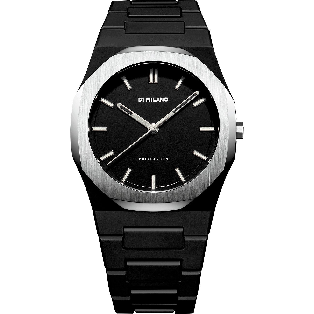 Montre unisexe D1 Milano avec boîtier en polycarbonate, cadran noir et lunette argentée.
