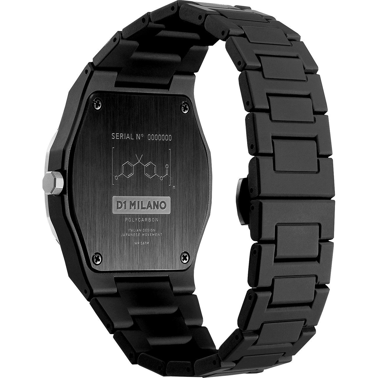 Montre unisexe D1 Milano en polycarbonate, boîtier noir, bracelet noir.