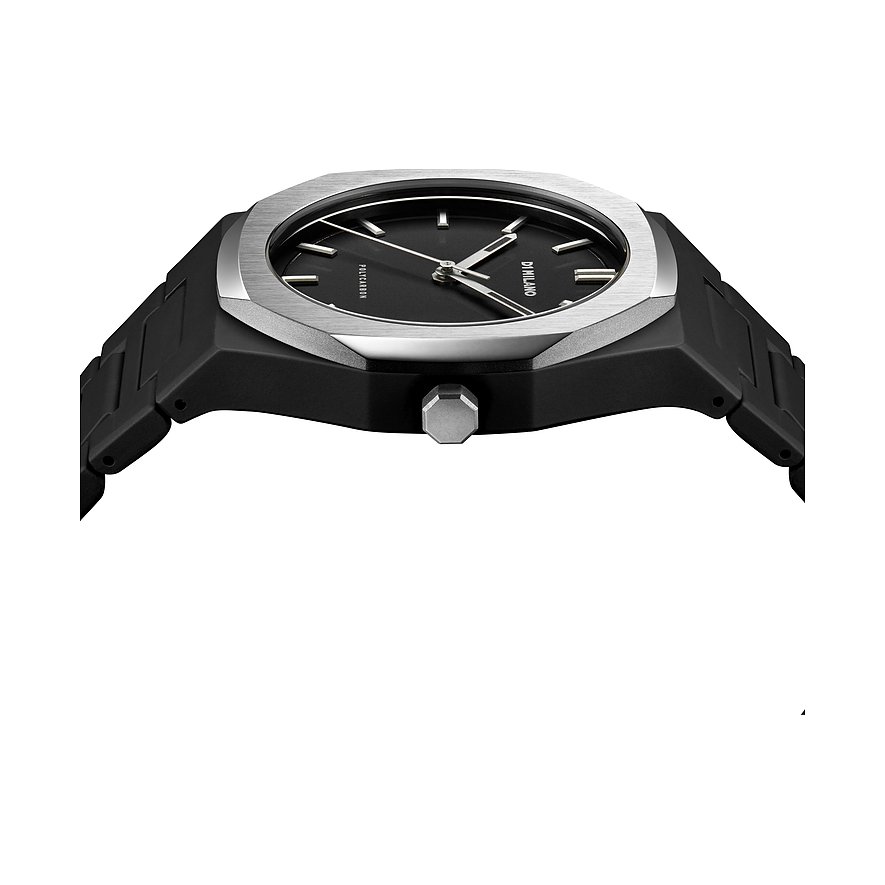 Montre unisexe D1 Milano avec boîtier en polycarbonate, cadran noir et lunette argentée.