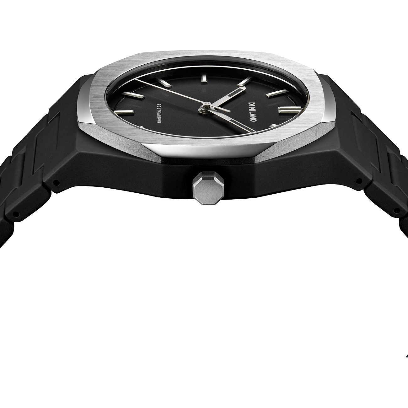 Montre unisexe D1 Milano avec boîtier en polycarbonate, cadran noir et lunette argentée.