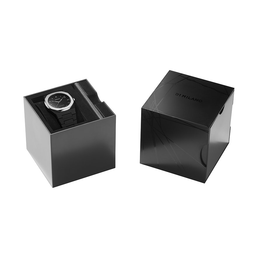 Montre unisexe D1 Milano avec boîtier en polycarbonate noir et cadran noir.