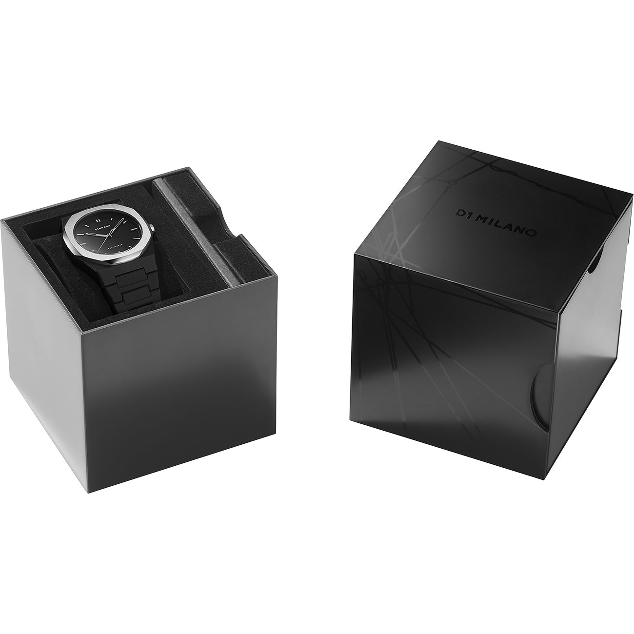 Montre unisexe D1 Milano avec boîtier en polycarbonate noir et cadran noir.