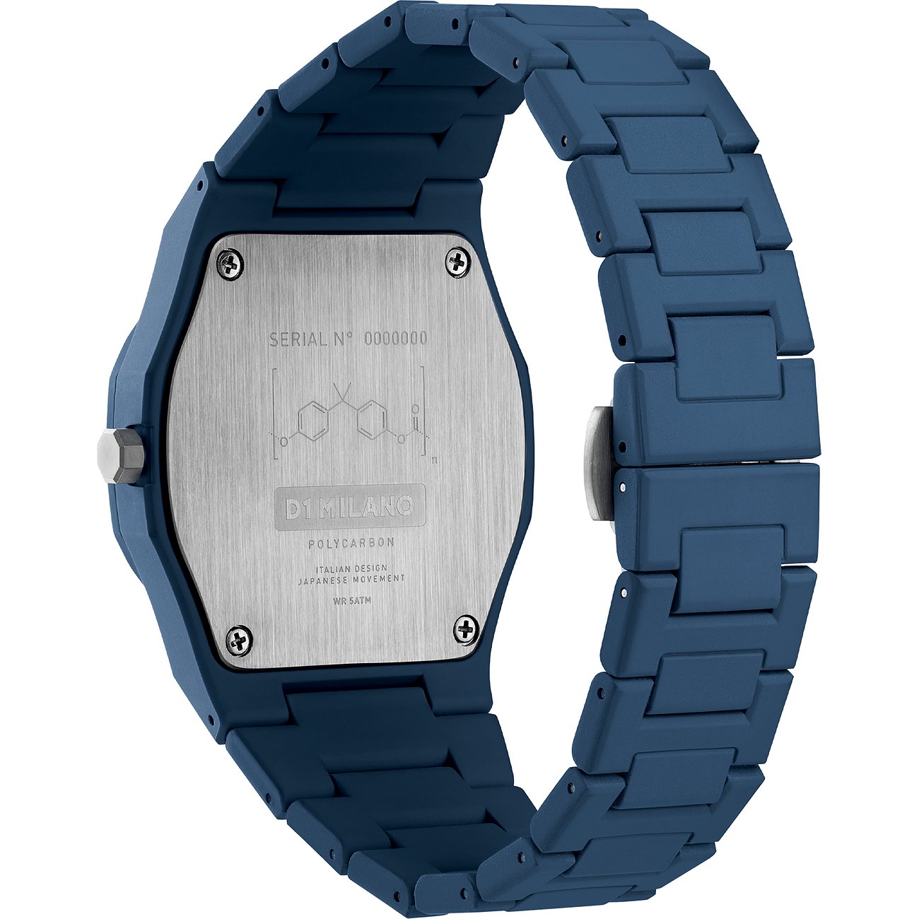 D1 Milano Unisexklocka i blått polykarbonat med silverfärgad boettbaksida.