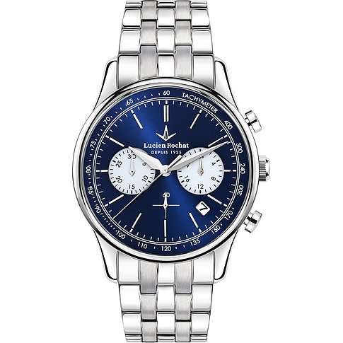 Eine Lucien Rochat Herrenuhr aus Edelstahl mit einem blauen Zifferblatt und silbernem Armband.