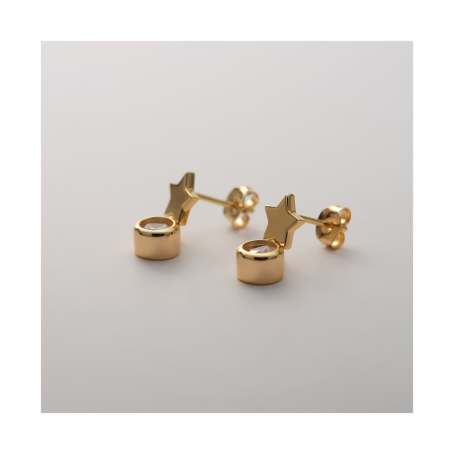 CHRIST Ohrschmuck aus recyceltem Silber, goldfarben, mit sternförmigen und runden Zirkonia Farbsteinen.
