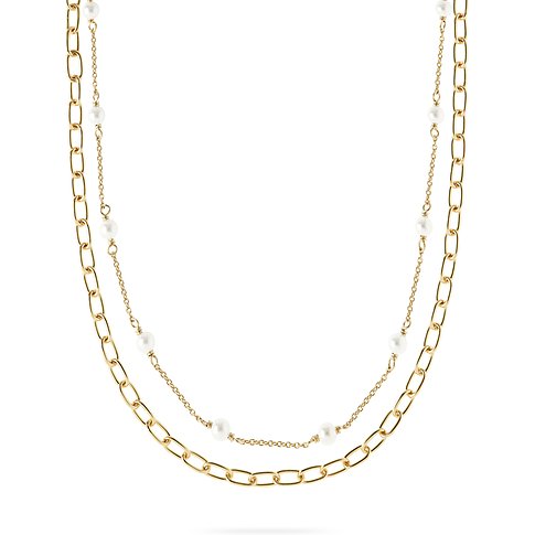 CHRIST Halsschmuck aus recyceltem Silber mit vergoldetem doppeltem Ketten-Design und Perlenakzenten