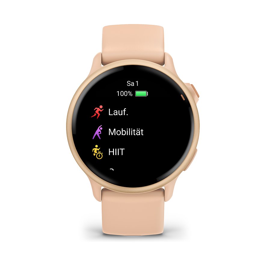 Garmin Smartwatch mit Kunststoffgehäuse, analoge Anzeige und Sportmodi.