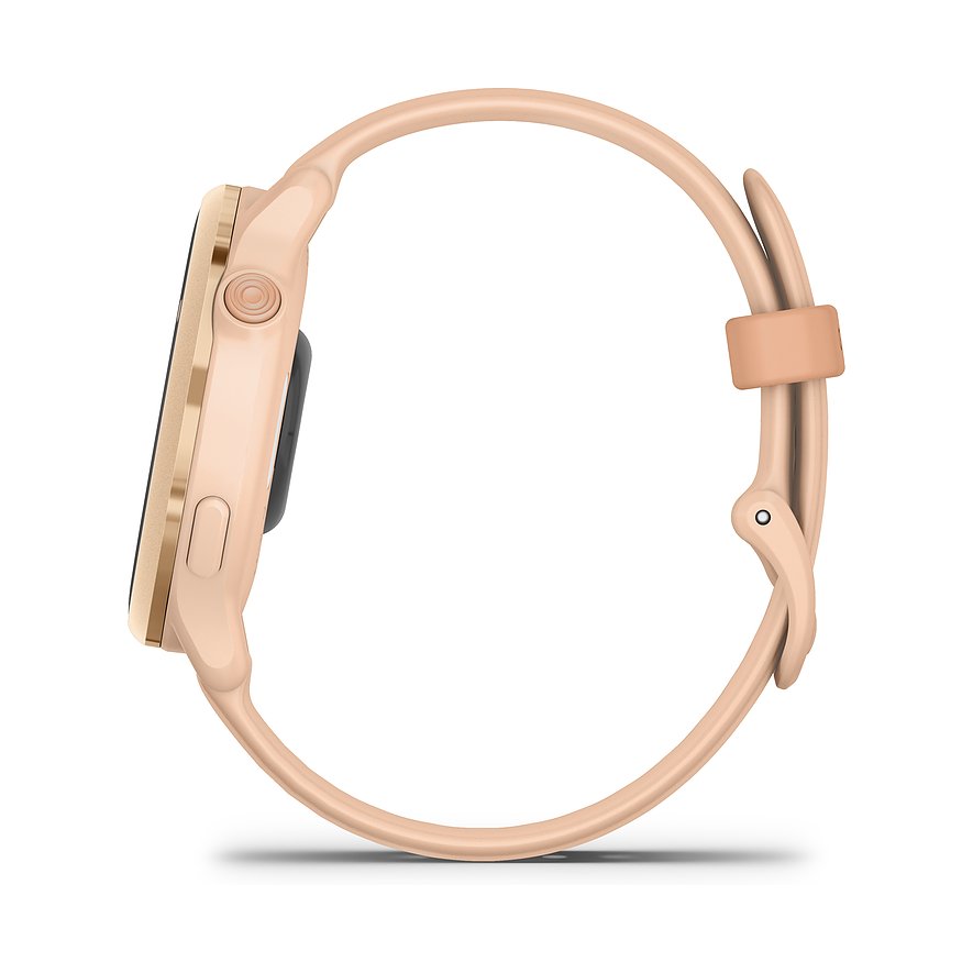 Garmin Smartwatch mit Kunststoffgehäuse in Roségold, mit runden Knöpfen.