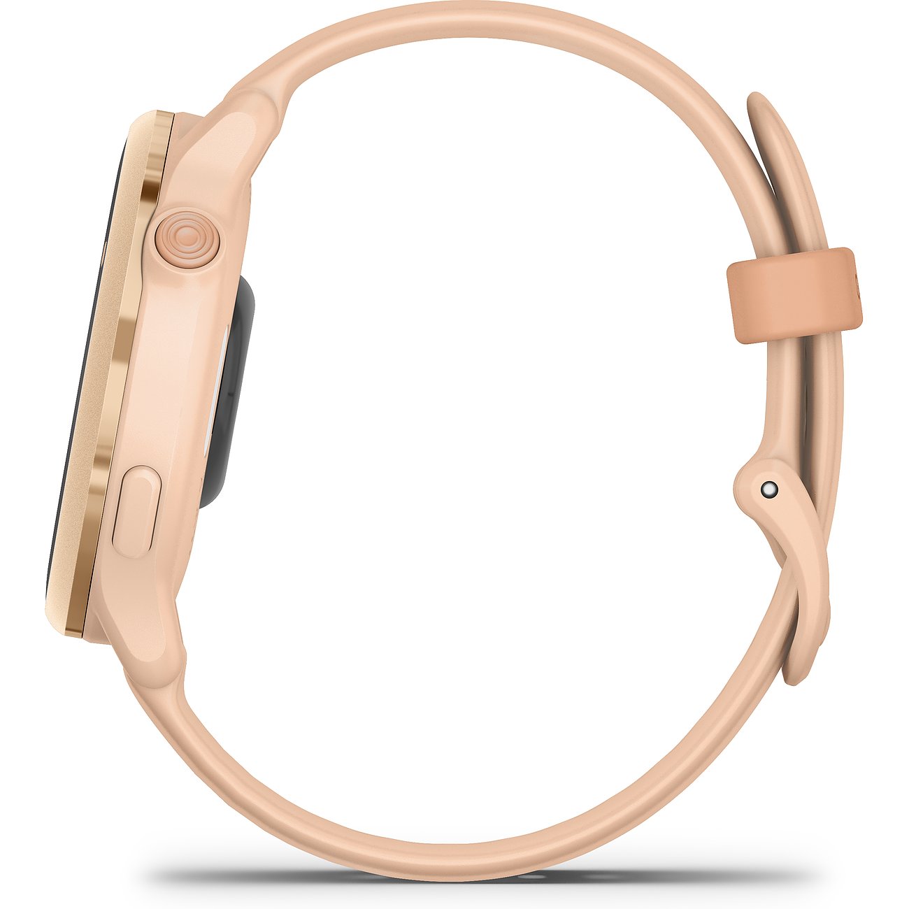 Garmin Smartwatch mit Kunststoffgehäuse in Roségold, mit runden Knöpfen.