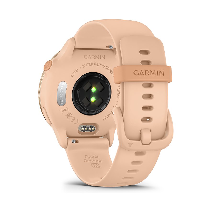 Garmin Smartwatch mit Kunststoffgehäuse in Beige, mit Herzfrequenzsensor.