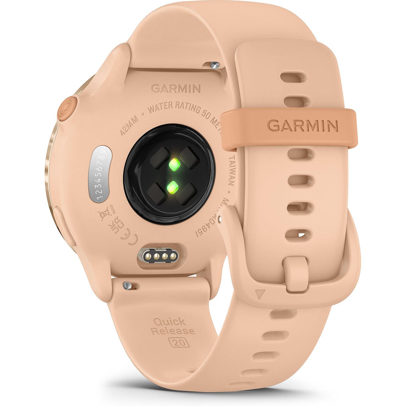 Garmin Smartwatch mit Kunststoffgehäuse in Beige, mit Herzfrequenzsensor.