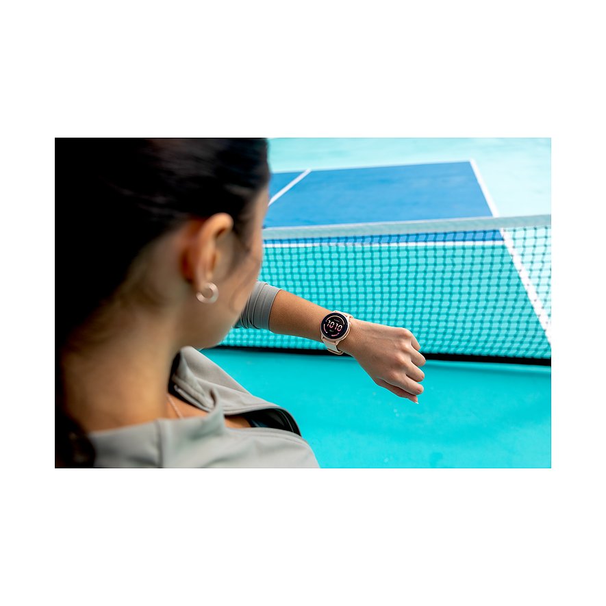 Garmin Smartwatch mit Kunststoffgehäuse, rundes Gehäuse, pinkfarbenes Armband.