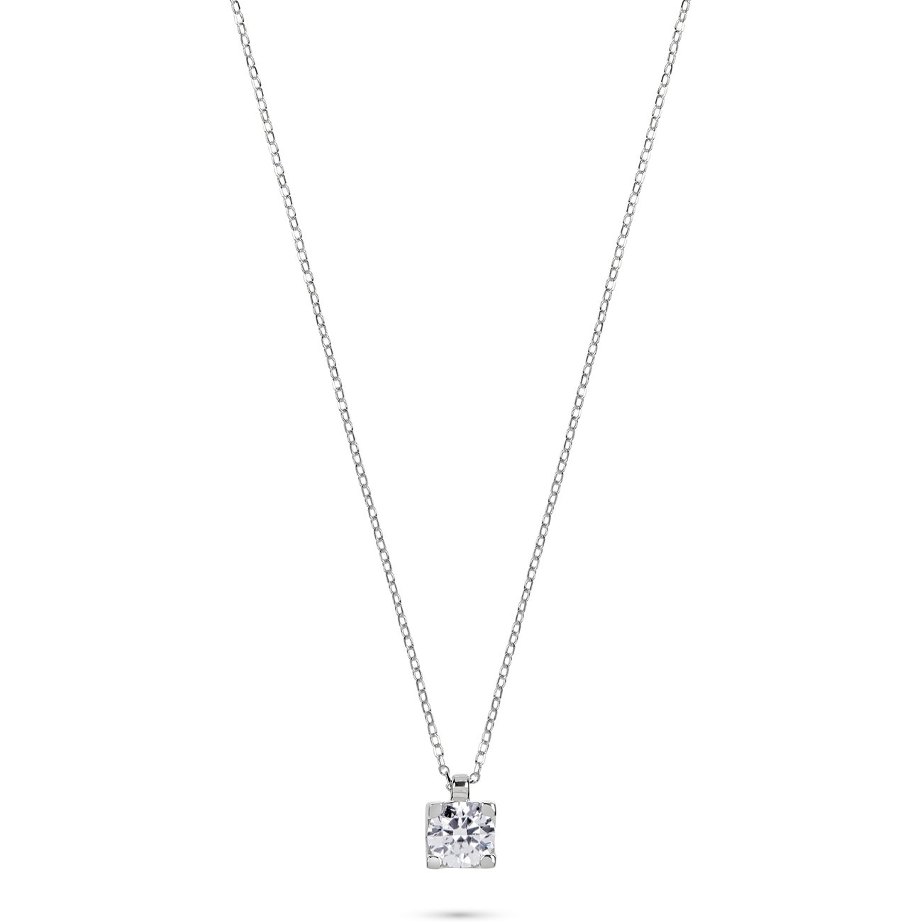 CHRIST Halsschmuck aus 585er Weißgold mit einem einzelnen runden Brillanten, der in einer quadratischen Fassung gehalten ist.