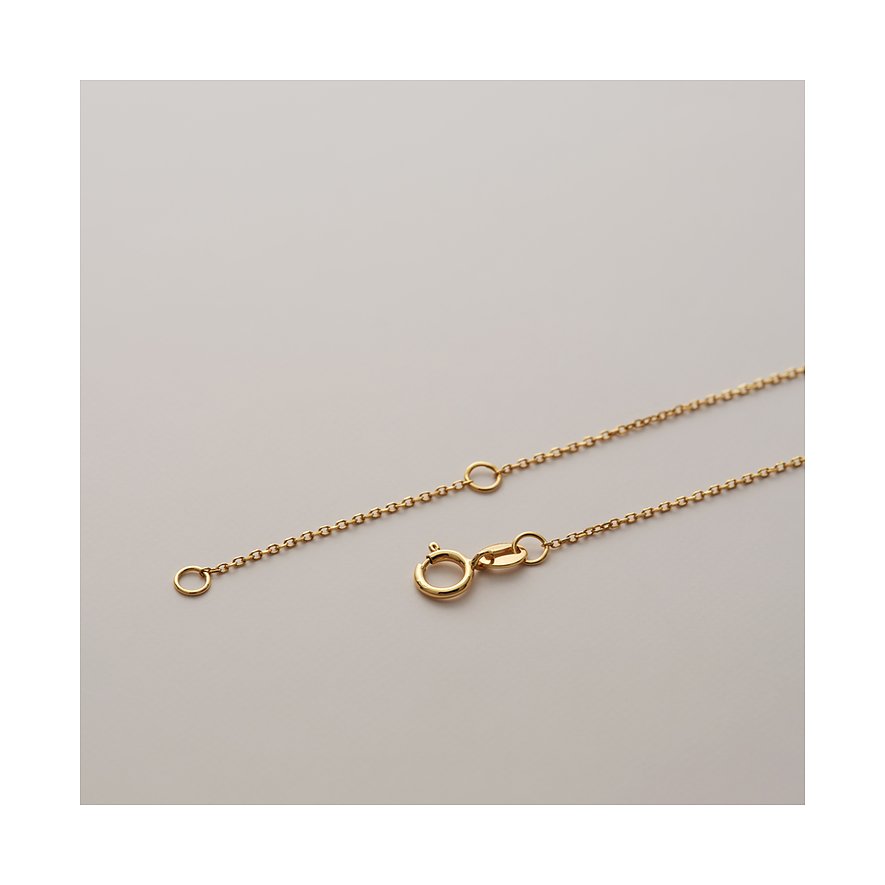 Nahaufnahme der filigranen CHRIST Halskette aus 585er Gelbgold mit Verschluss und Verlängerungskette.