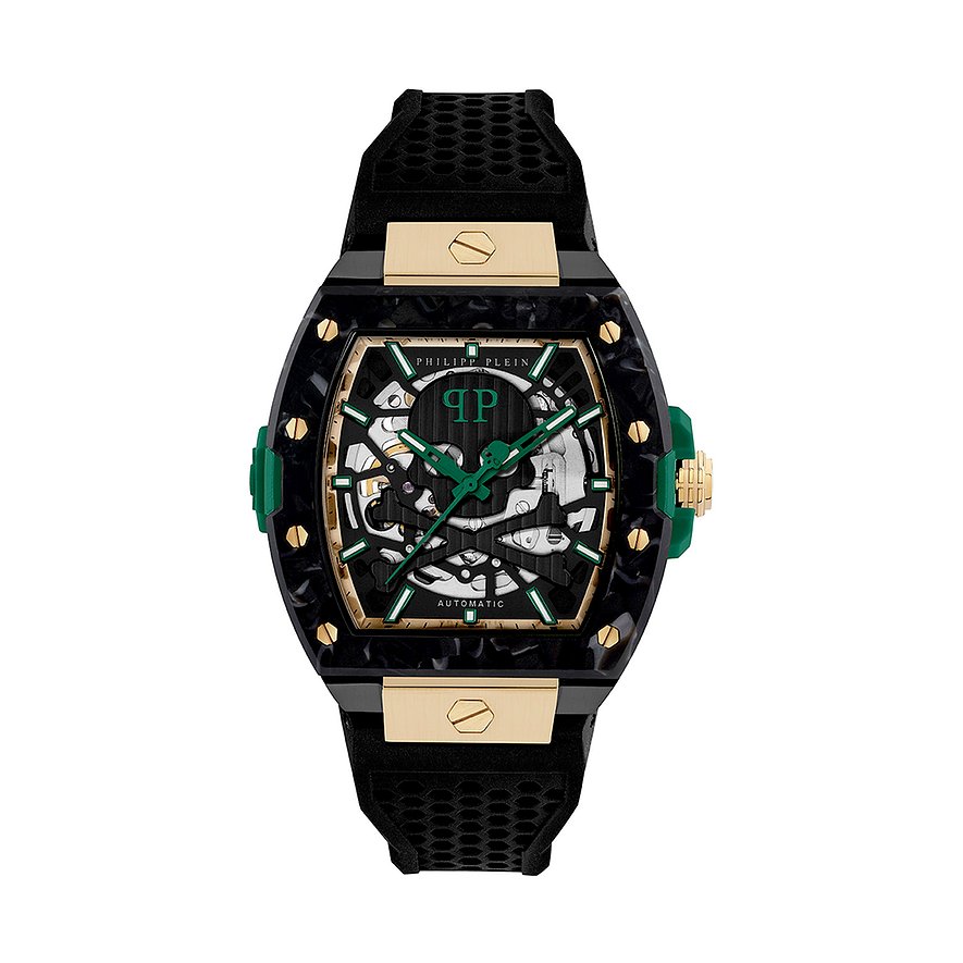 Philipp Plein Herrenuhr mit Edelstahlgehäuse, Skelett-Zifferblatt und grünen Akzenten.