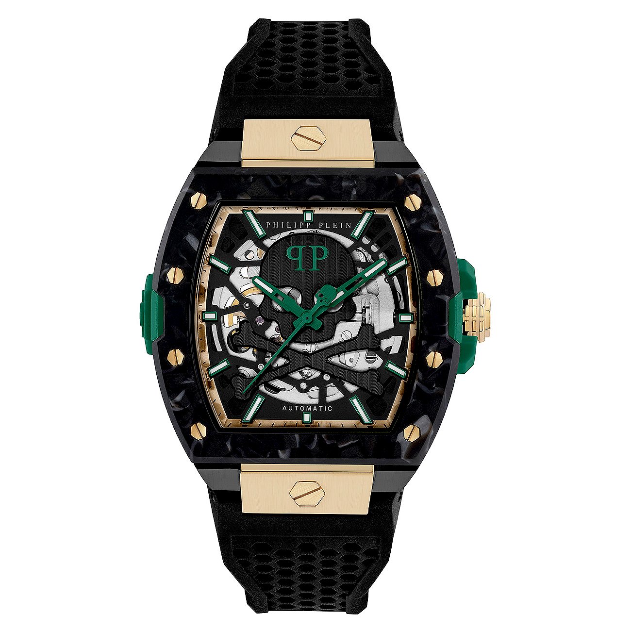 Philipp Plein Herrenuhr mit Edelstahlgehäuse, Skelett-Zifferblatt und grünen Akzenten.