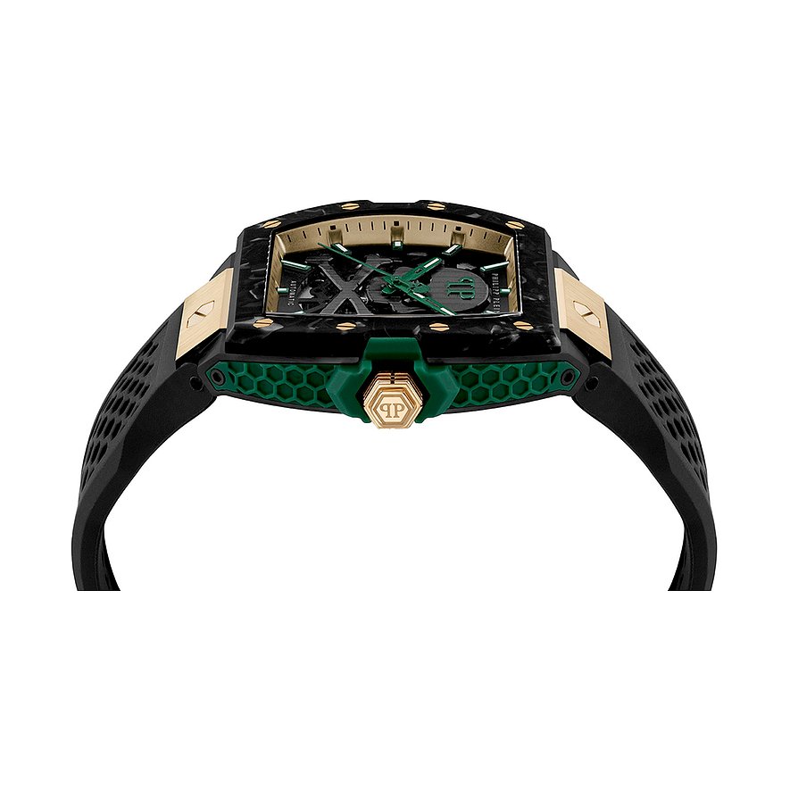 Philipp Plein Herrenuhr mit Edelstahlgehäuse, schwarzem und grünem Design.