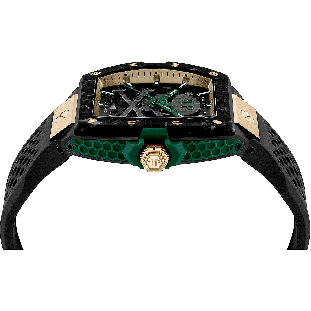 Philipp Plein Herrenuhr mit Edelstahlgehäuse, schwarzem und grünem Design.